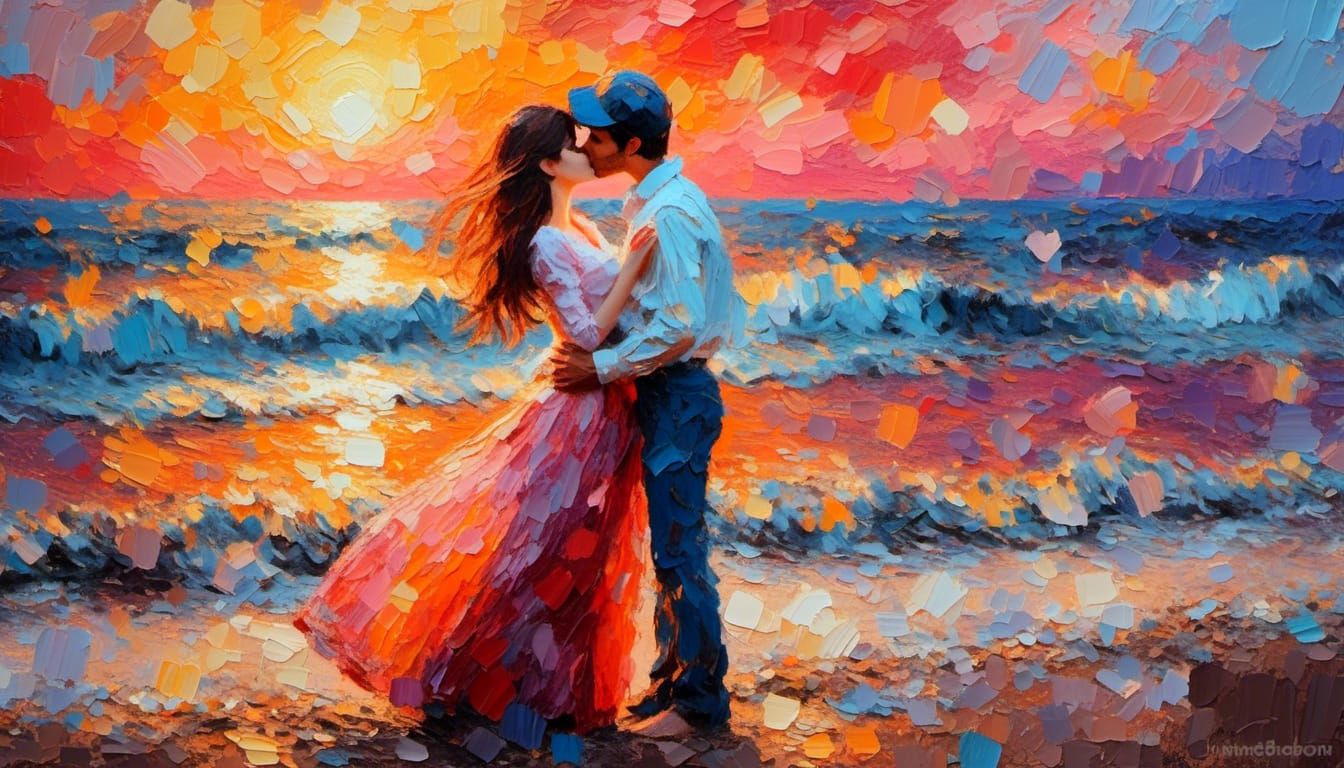 Lovers Kissing on Beach in Impressionist Style