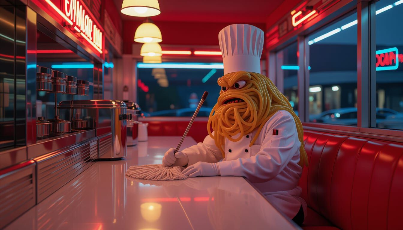 Spaghetti Chef in Neon-Lit 1950s Diner