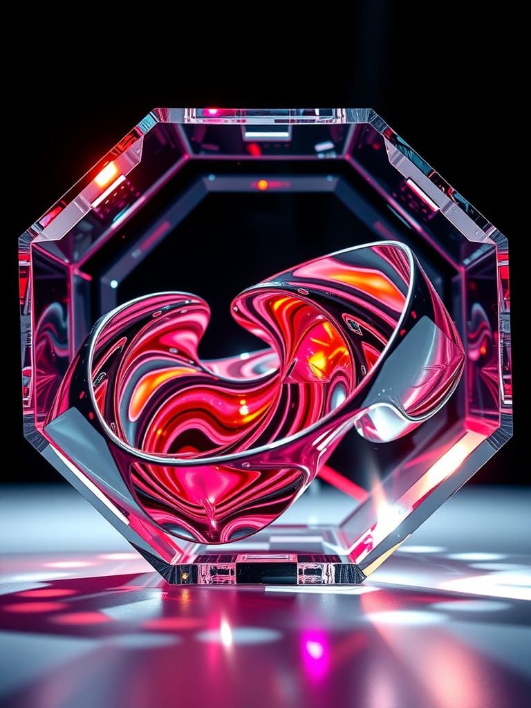 Metallic Fluid Dance Inside Octahedron, Sci-Fi Concept Art