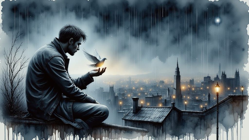 Roy Batty in Rainy Cyberpunk Watercolor