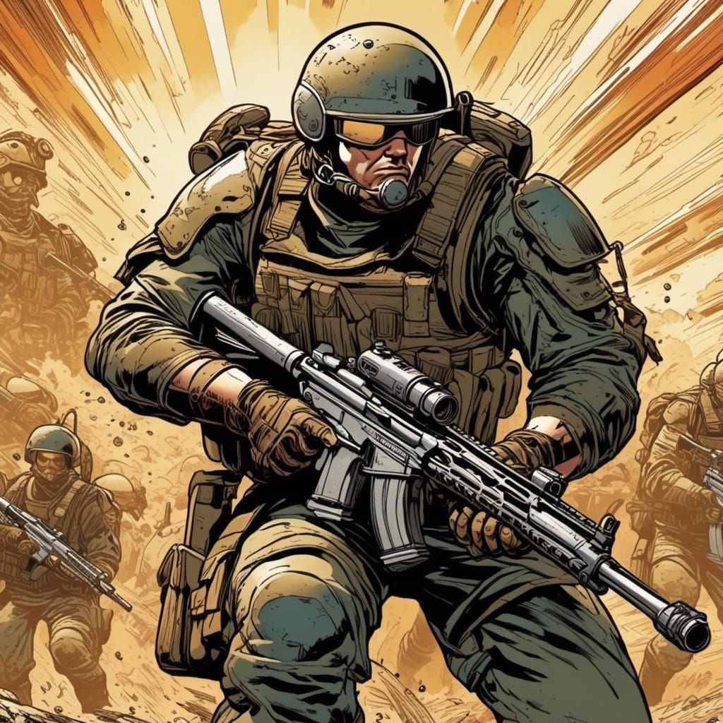 Soldier Charges into Battle in Comic Book Style