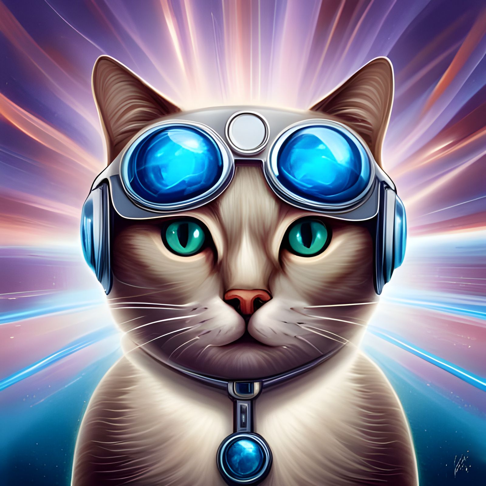 Futuristic Metallic Cat Portrait in Retro Raypunk Style