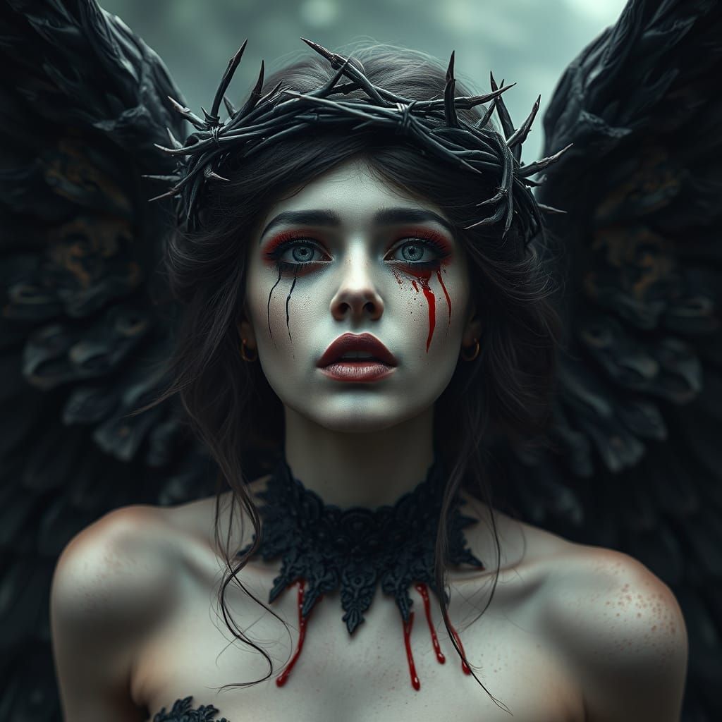 Gothic Fallen Angel in Majestic Black Wings and Makeup