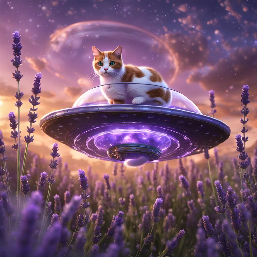 Calico Cat Piloting Lavender Spaceship: Fantasy Art