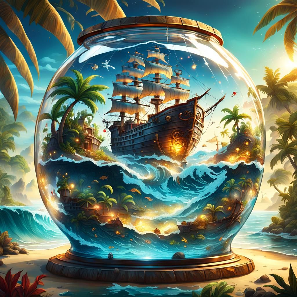 Pirate Ship in Glass Bowl: Fantasy Matte Painting