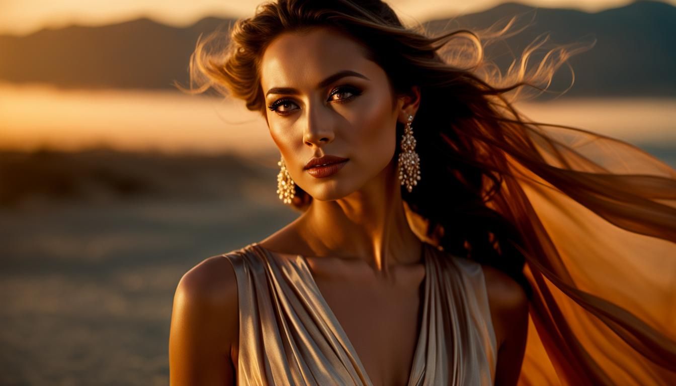 Woman in Silk Gown at Sunset: Cinematic Portrait
