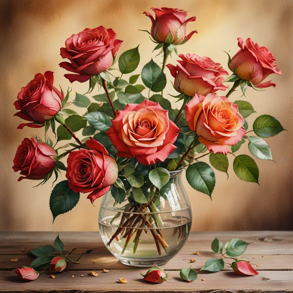 Watercolor Roses in Whimsical Botanical Illustration Style