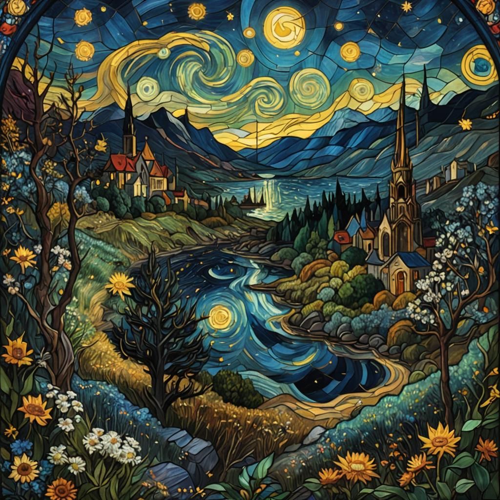 Starry Night Stained Glass in Van Gogh Style