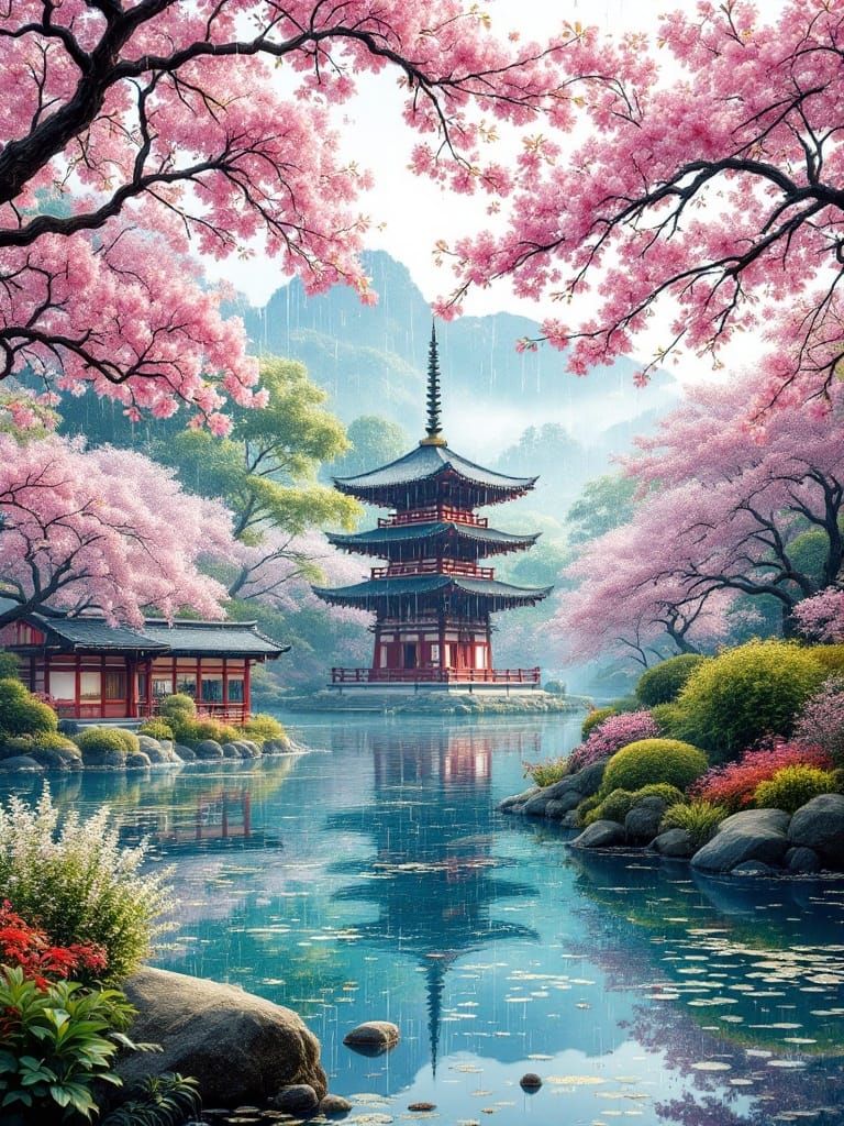 Surreal Japanese Garden Blooms with Cherry Blossoms