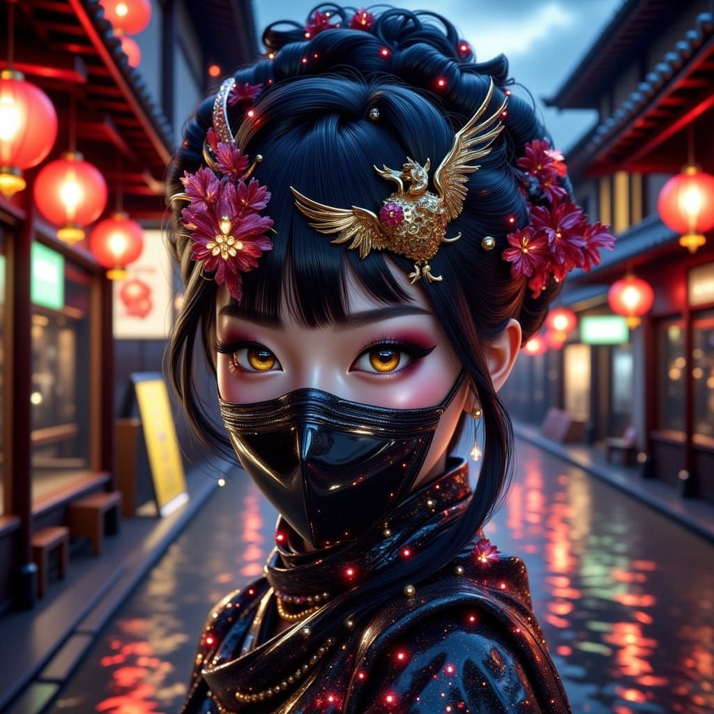 Masked Kunoichi Ninja in Vibrant Endo Night Scene