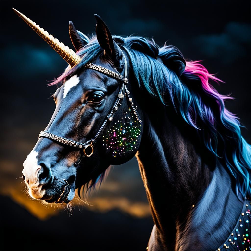 Monochrome Unicorn in a Black Desert: Hyperrealistic Photogr...