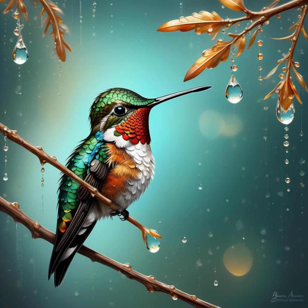 Hummingbird, dew drops