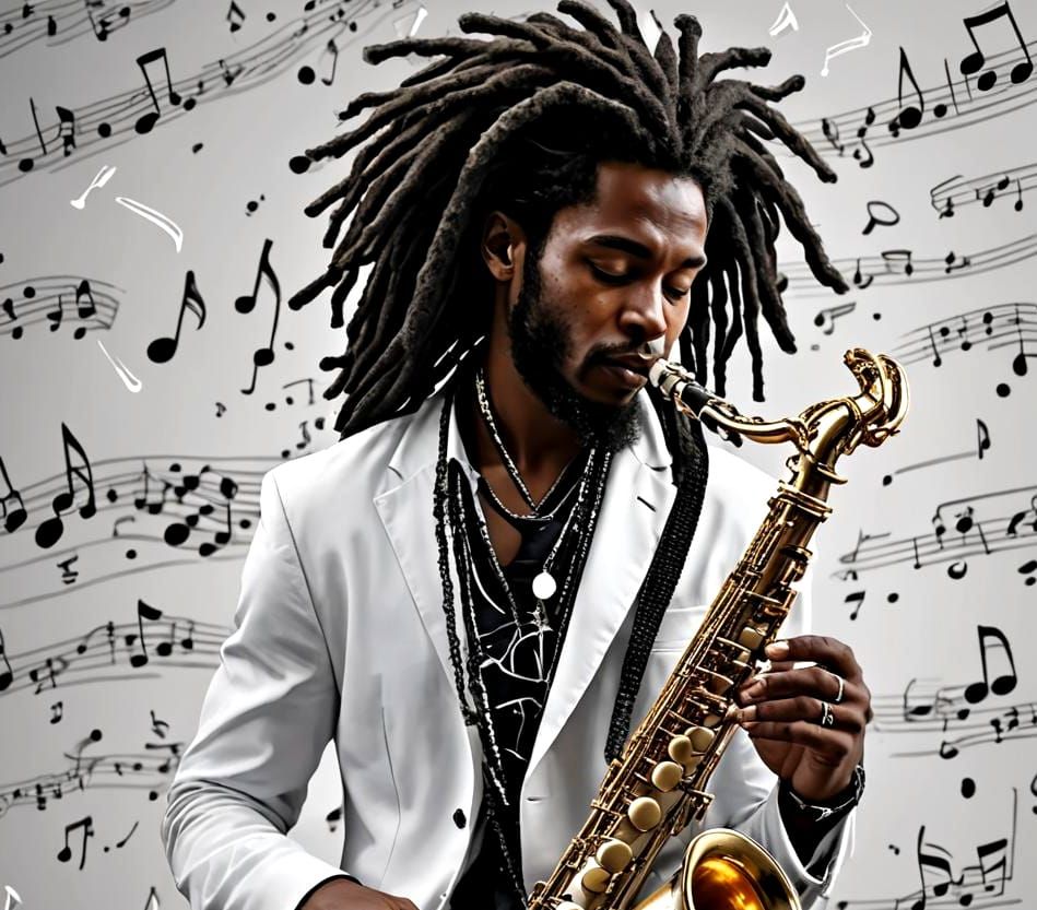 Black Man Playing Saxophone with Musical Notes