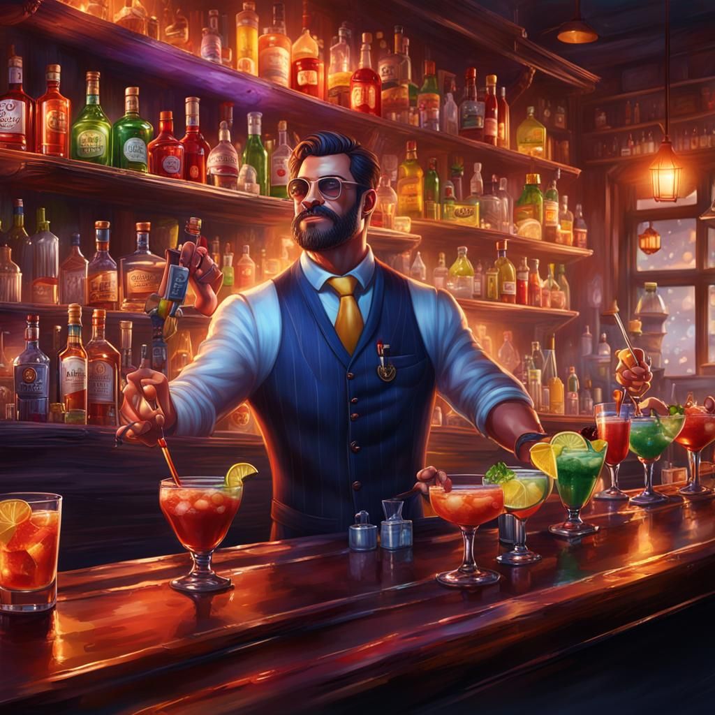 Bartender Creates Cocktails in a Lively Bar, Fantasy Art