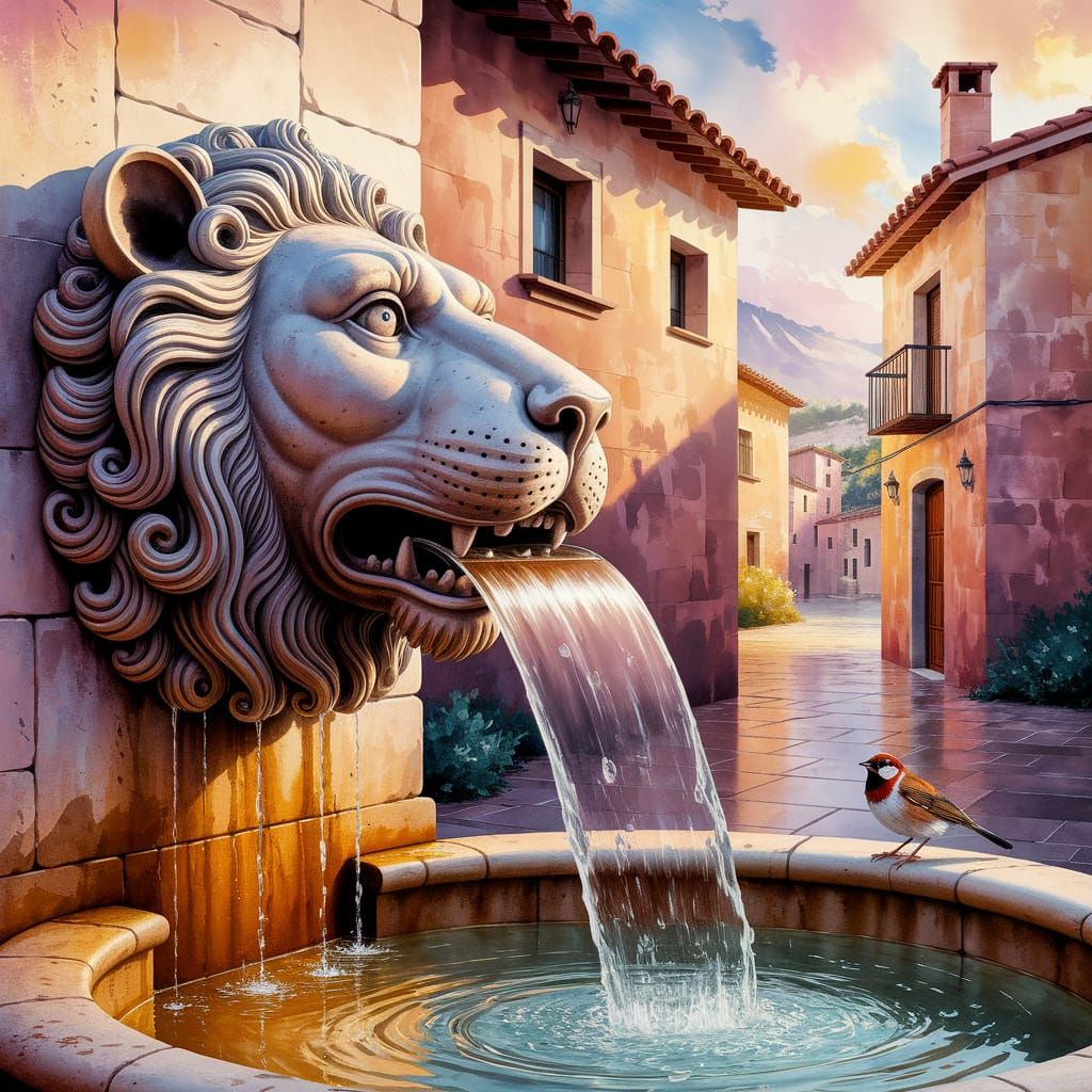 Spanish Lion Fountain in Watercolor Oil Painting