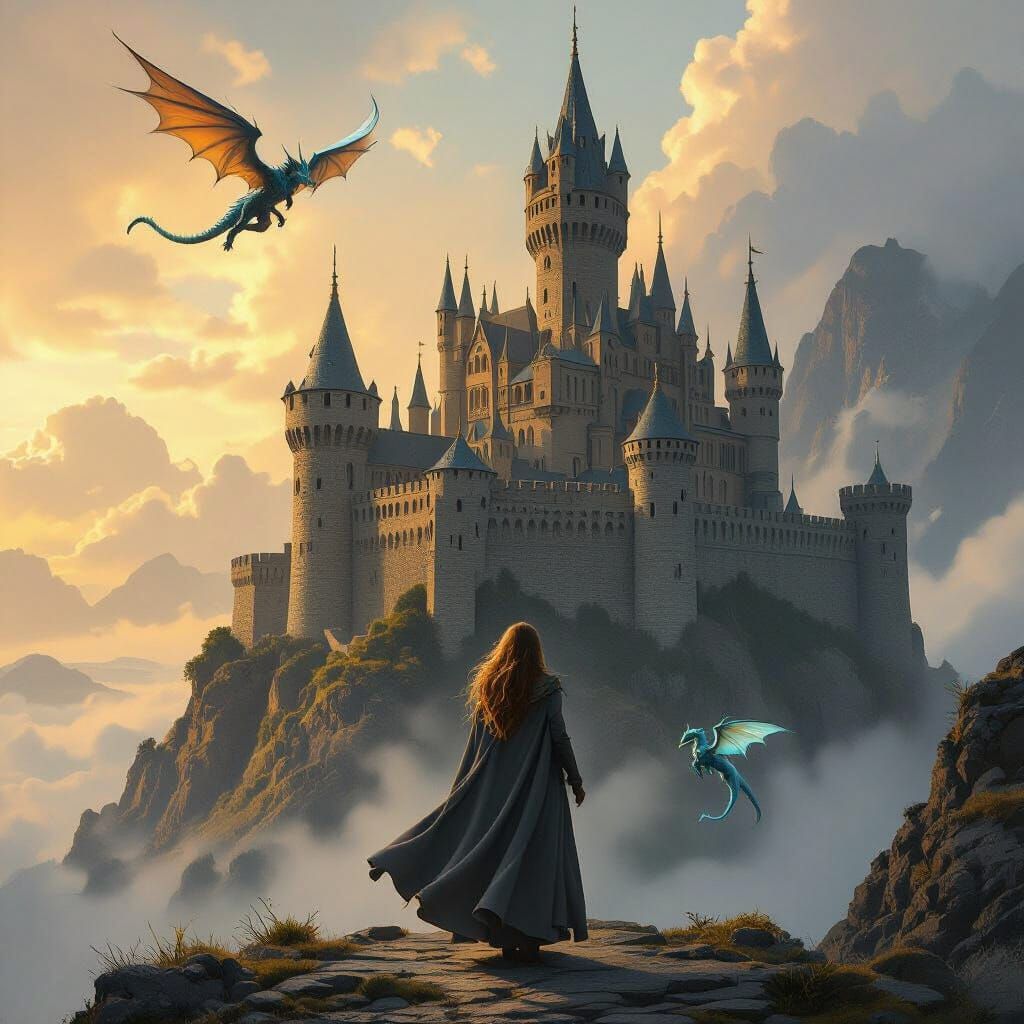 Medieval Castle on Mountain Island with Dragon