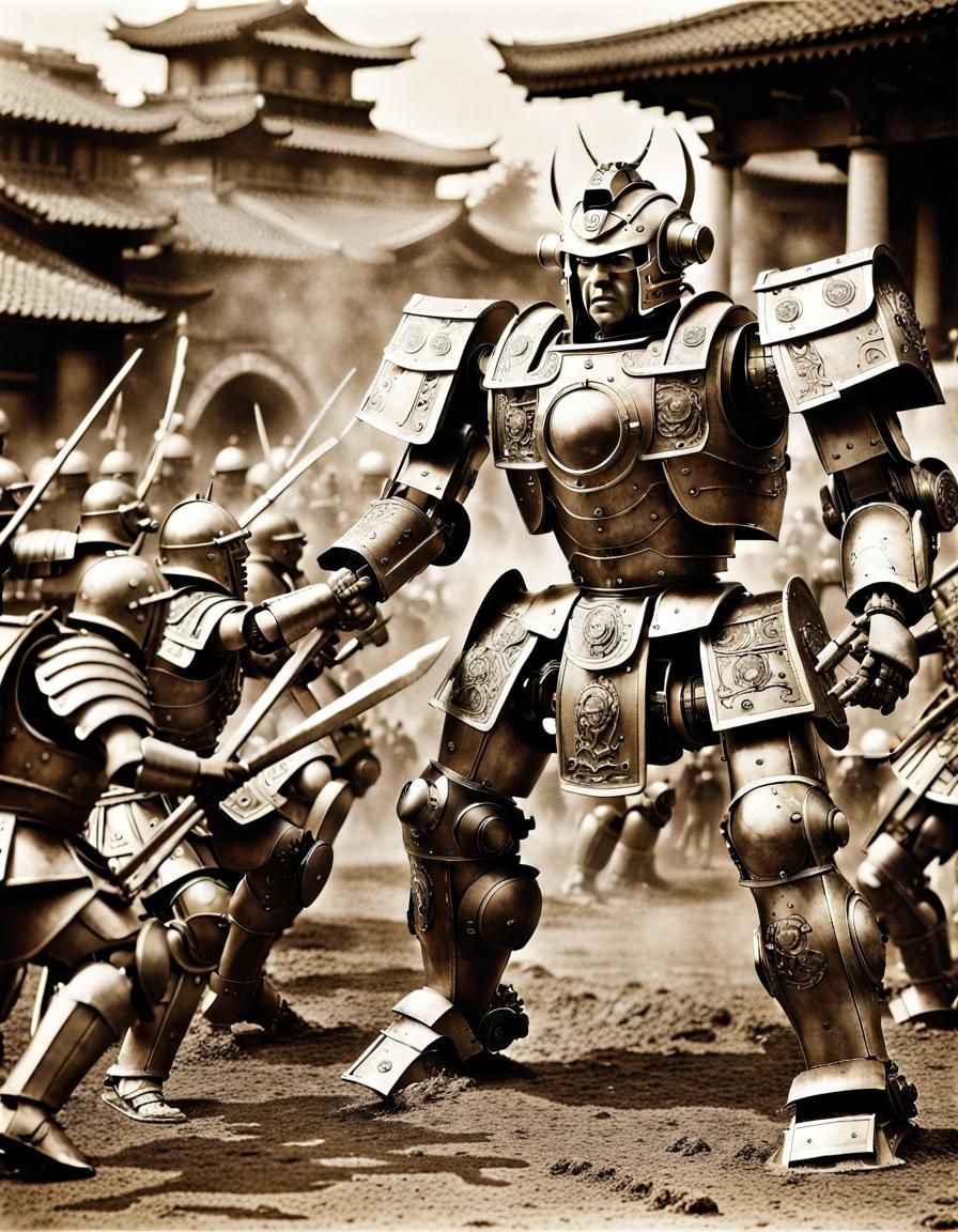 Mecha Robot Versus Roman Army in Sepia Photograph