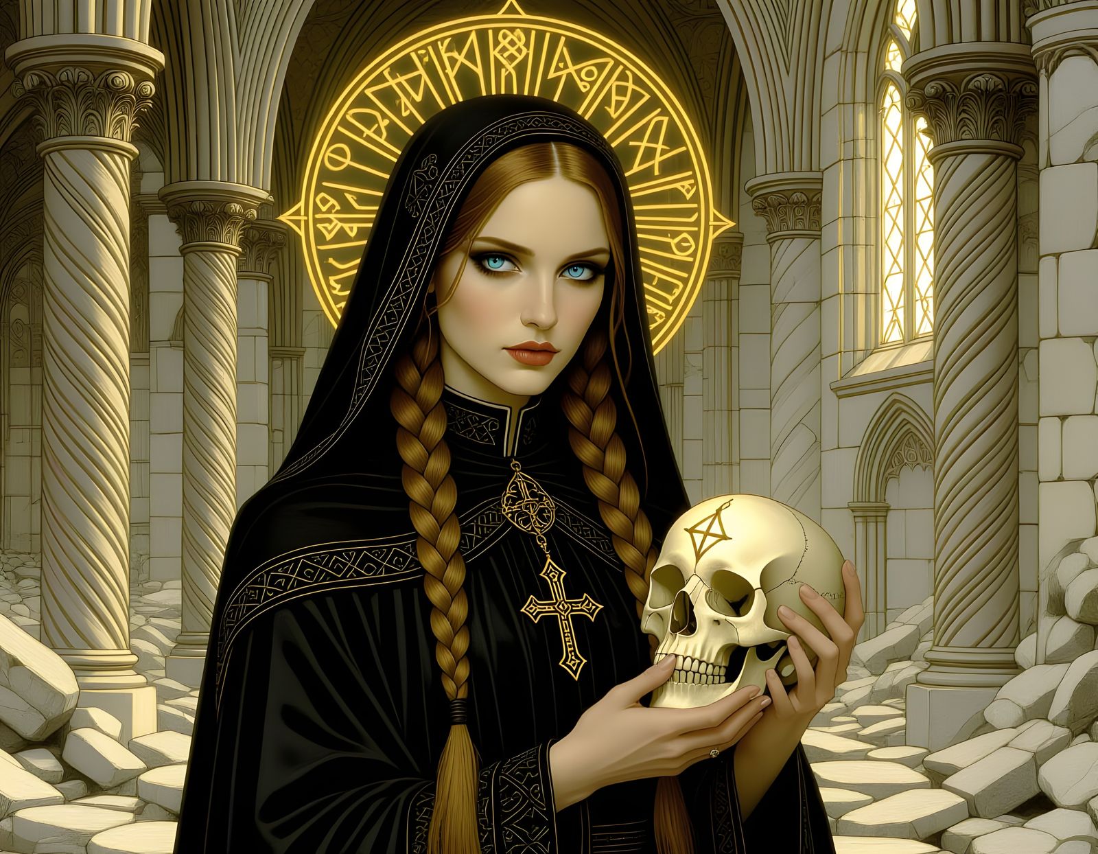 Gothic Priestess in Ruined Cathedral: Dark Fantasy Art