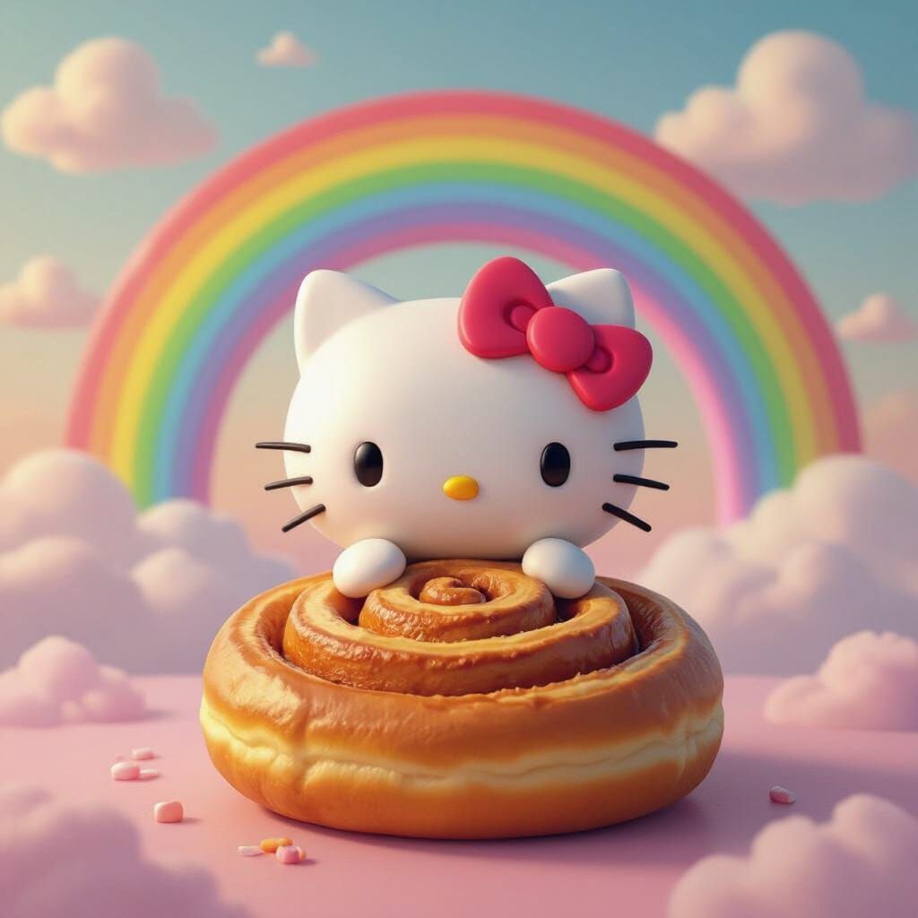 Hello Kitty Cinnamon Roll Before Rainbow in Pastel Sky