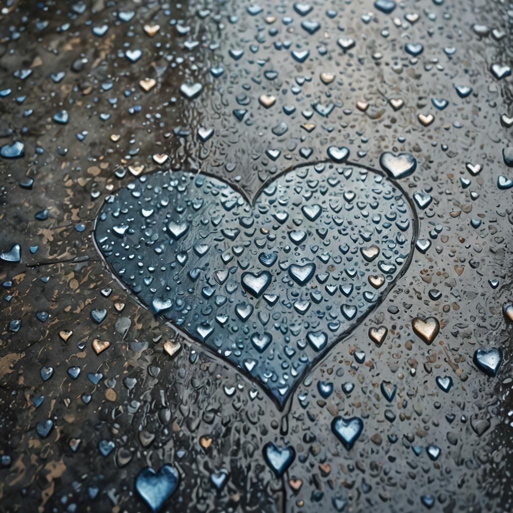 Heart-Shaped Rain on Pavement: Watercolor Macro