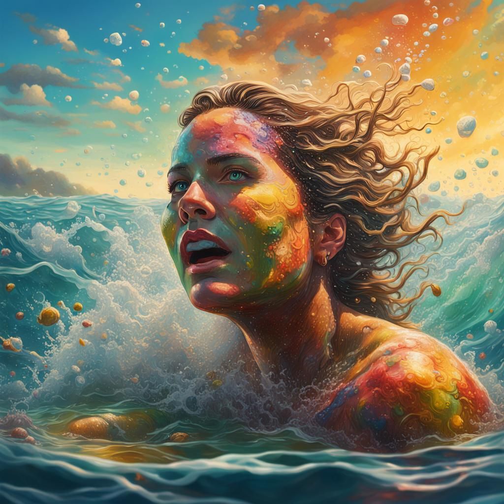 Hyperrealistic Giant Woman's Bath in the Sea