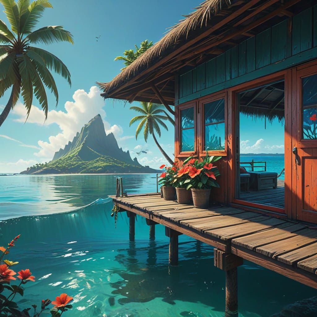 Surreal Bora Bora Hut Overwater Scene in Hyperrealistic Spla...