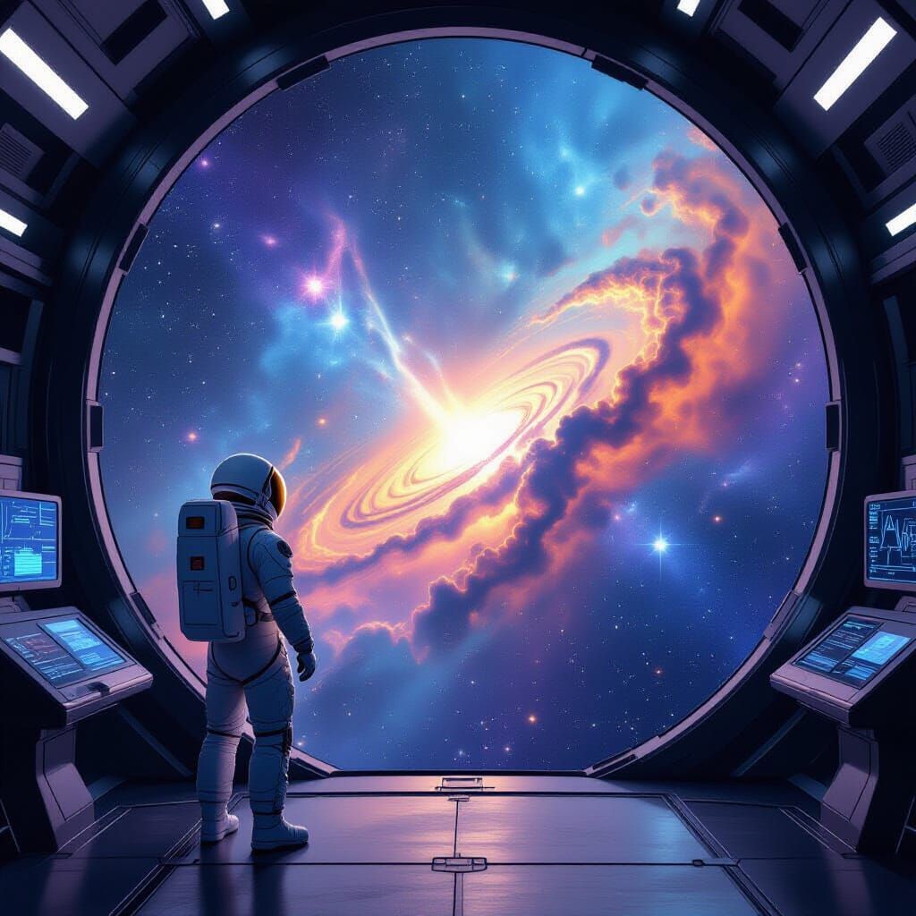Astronaut Views Liquid Starlight Nebula in Sleek Spaceship