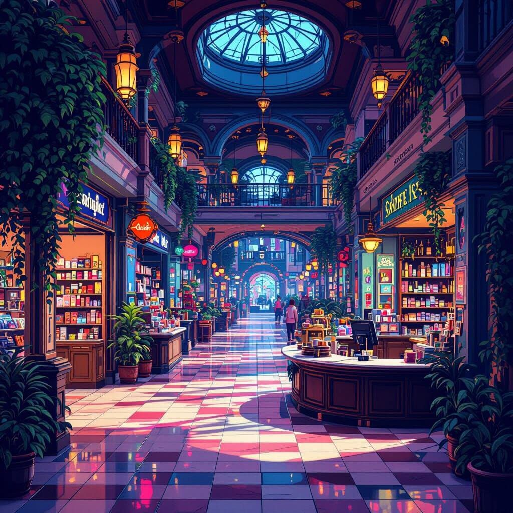Vibrant 16-bit Pixel Art Mall Interior