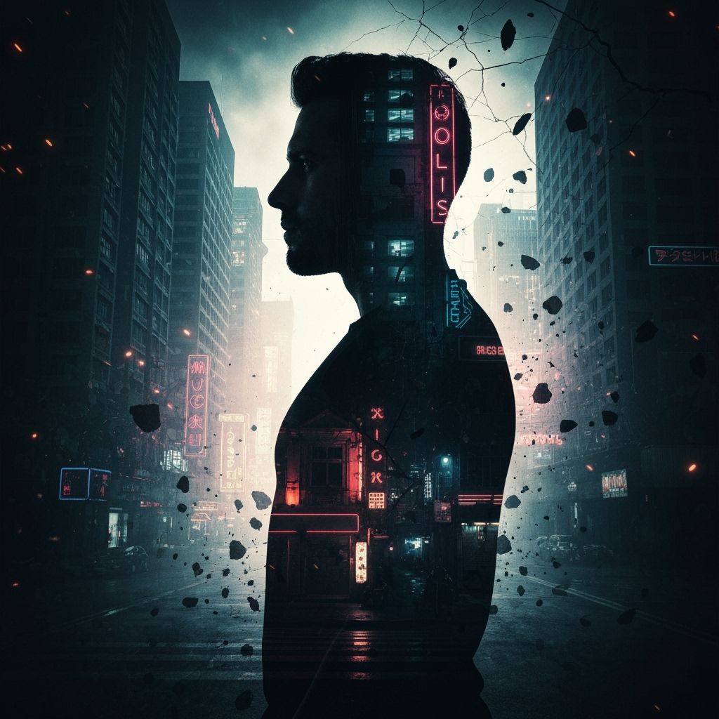 Double Exposure of Man and Shattered Dystopian City