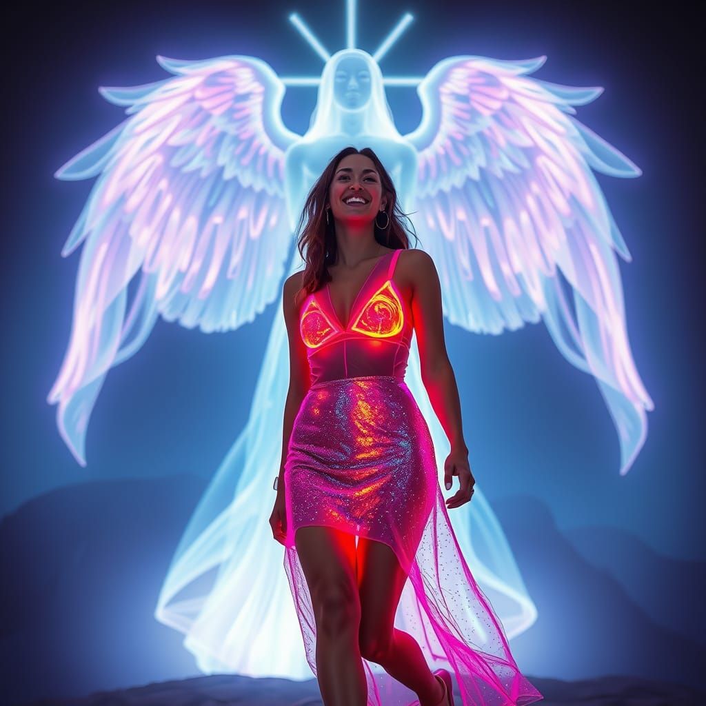 Woman and Celestial Being in Neon Style
