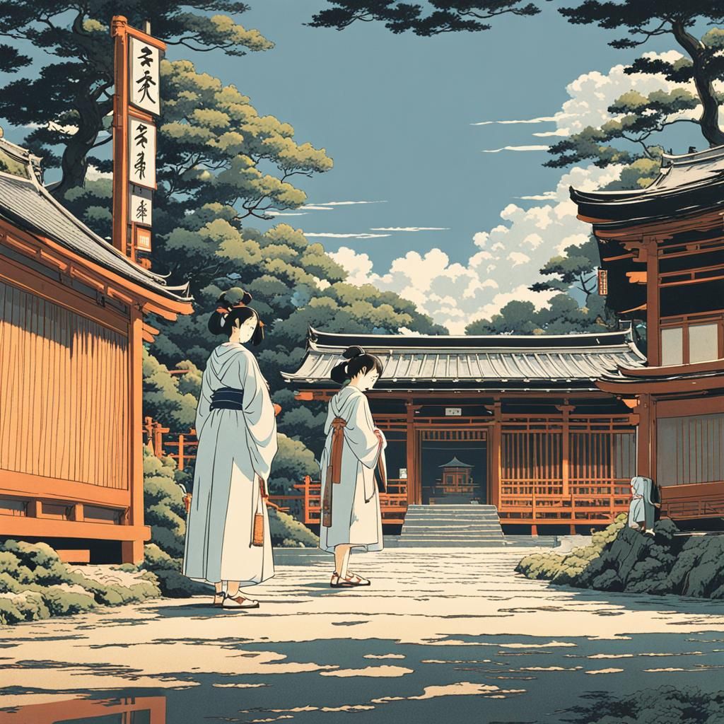 Ukiyo-e Print of Women Visiting a Shrine