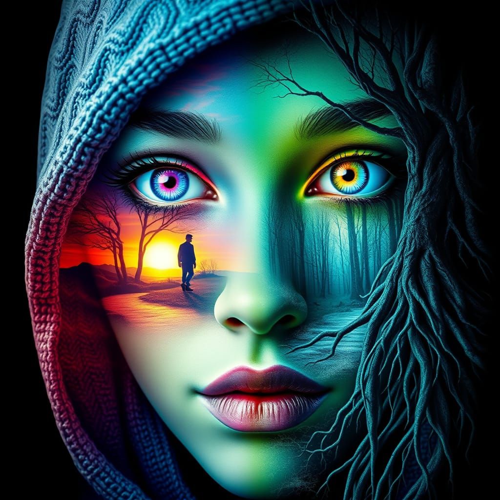 Surreal Double Exposure Portrait in Vibrant Colors