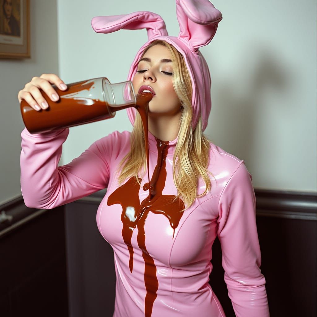 Chocolate Drenched Blonde Bunny in Cinematic Film Still