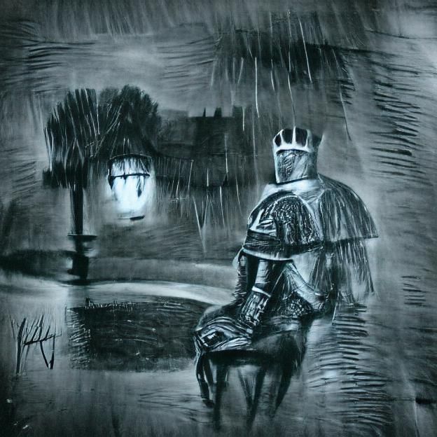 Cyberpunk Knight in Rainy Cityscape