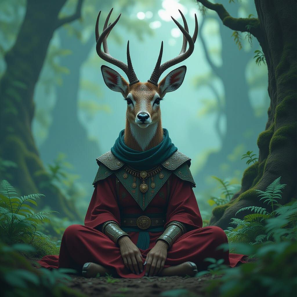 Anthro Deer in Mystical Forest with Glitch Effect