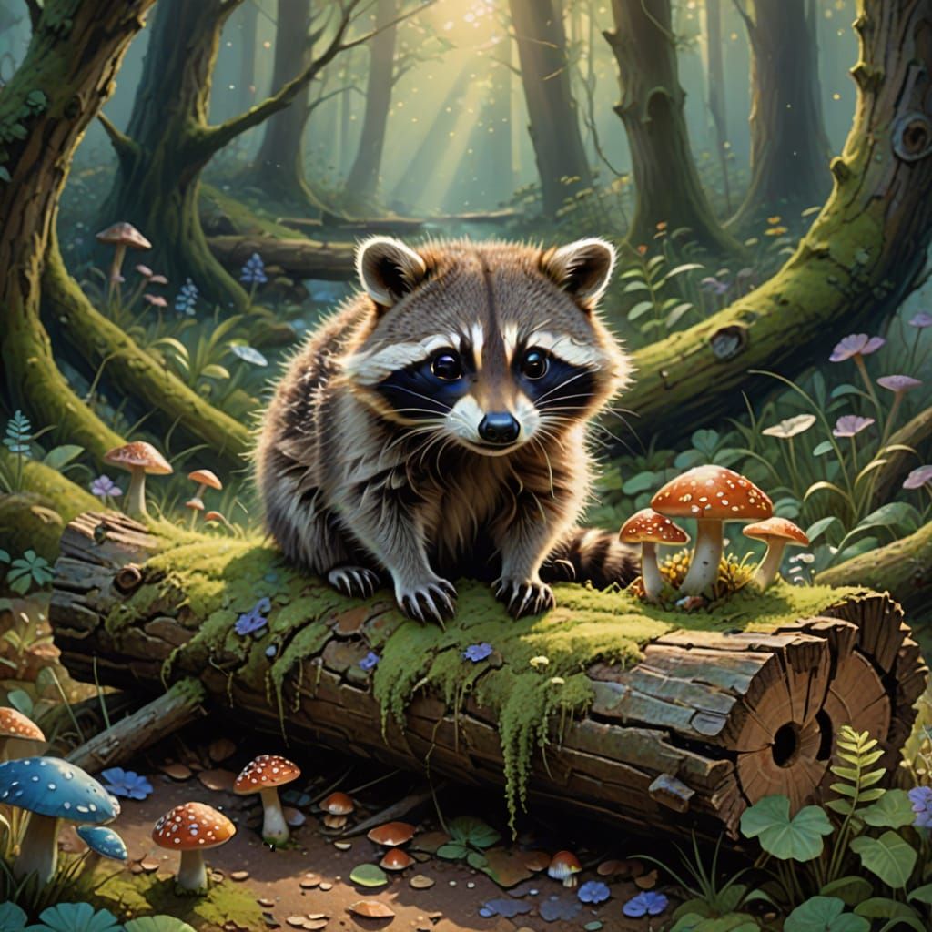 Whimsical Raccoon in Enchanted Hollow Log