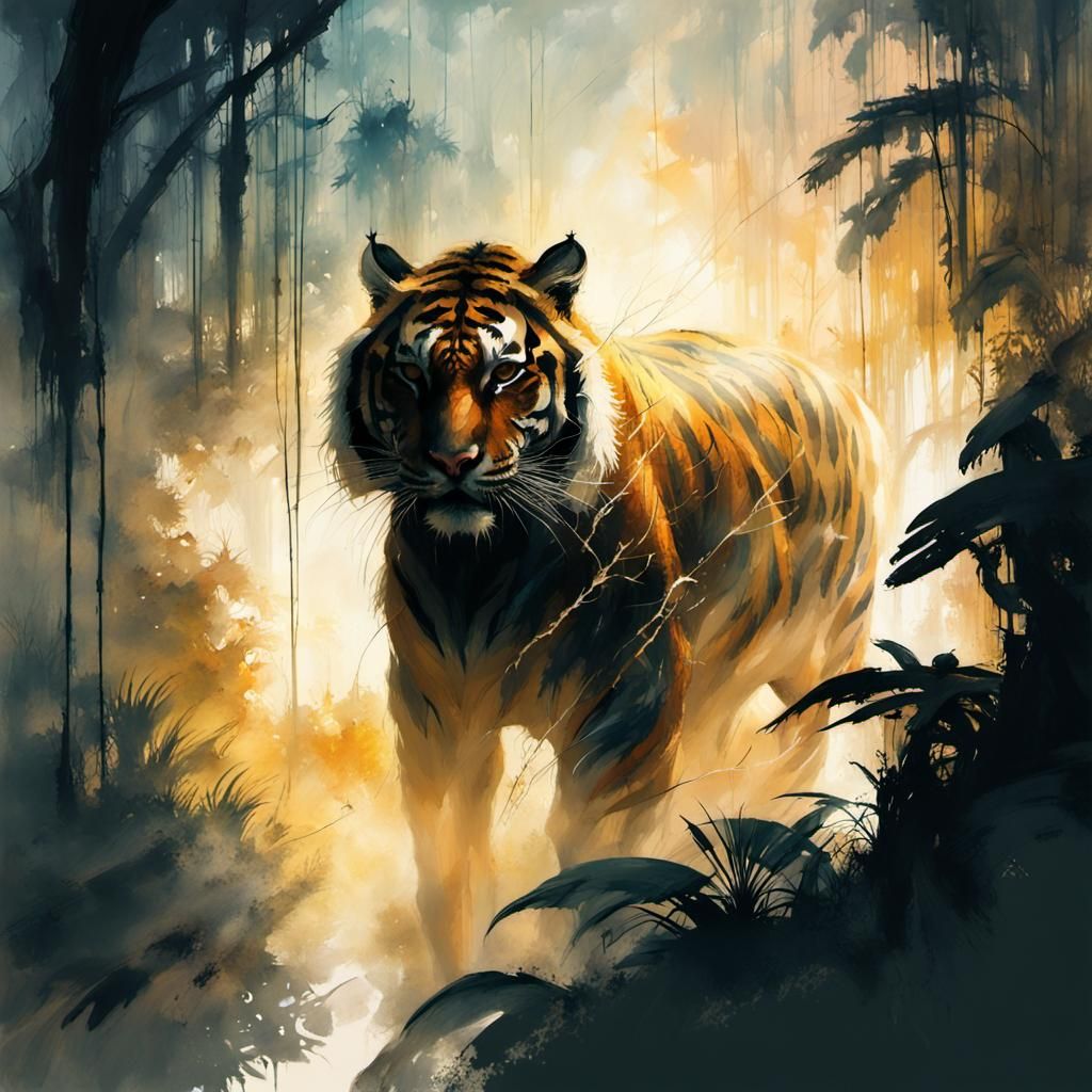 Smoky Tiger Silhouette in Jungle Mist