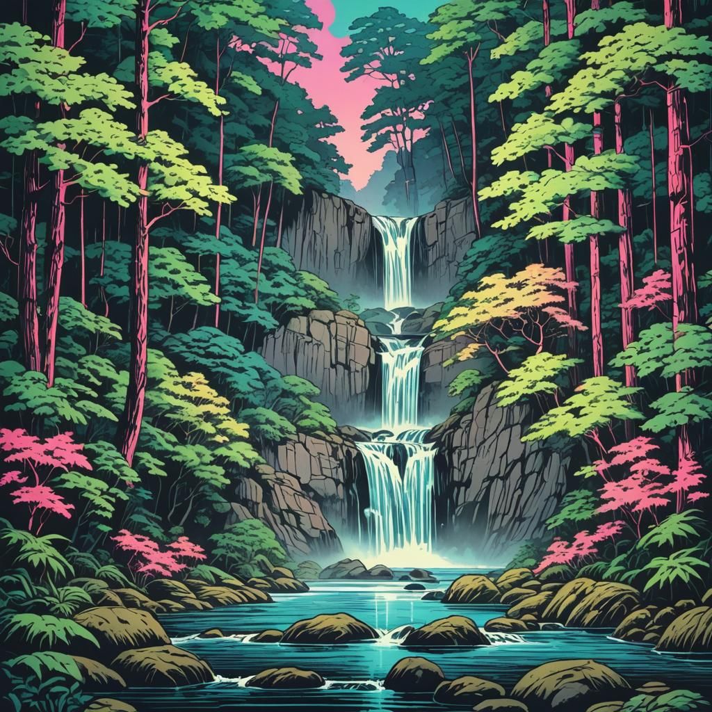 Waterfall in Japanese Forest: Synthwave Woodblock Print