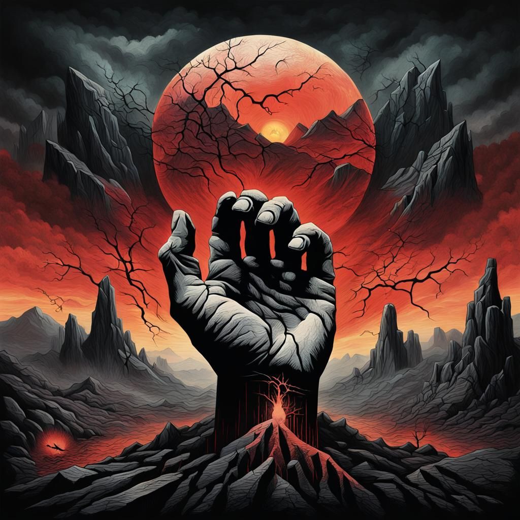 Surreal Liberation: Fractured Hand Rises from the Ruins