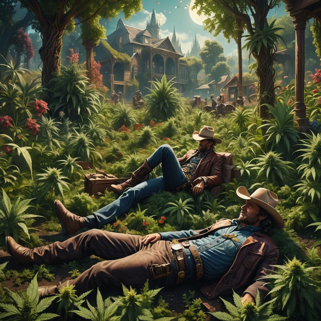 An Cowboy lying in a garden of marijuana. The universe is reflected in the distorted memory of yesteryear. detailed matt...