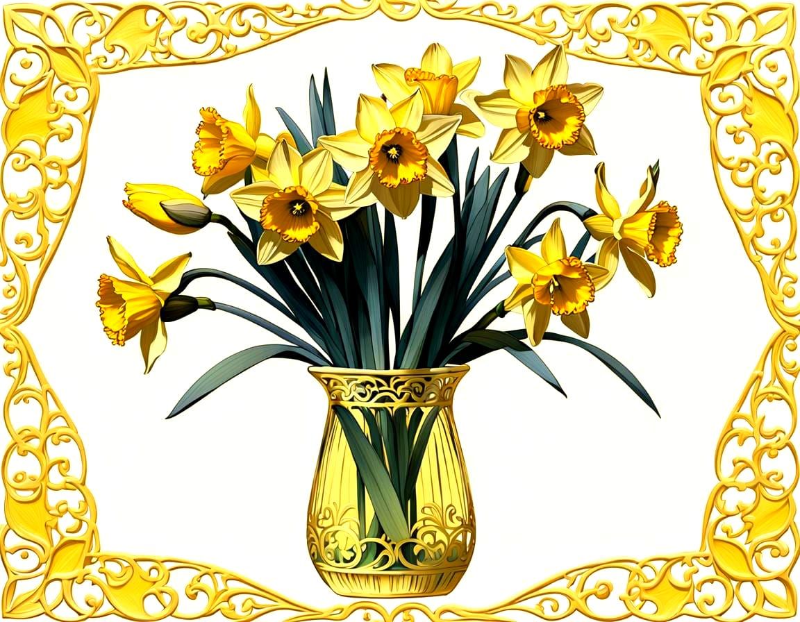 Daffodils in Vase on Filigree Yellow Background