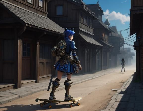 Steampunk Anime Woman in Kazakstan Village