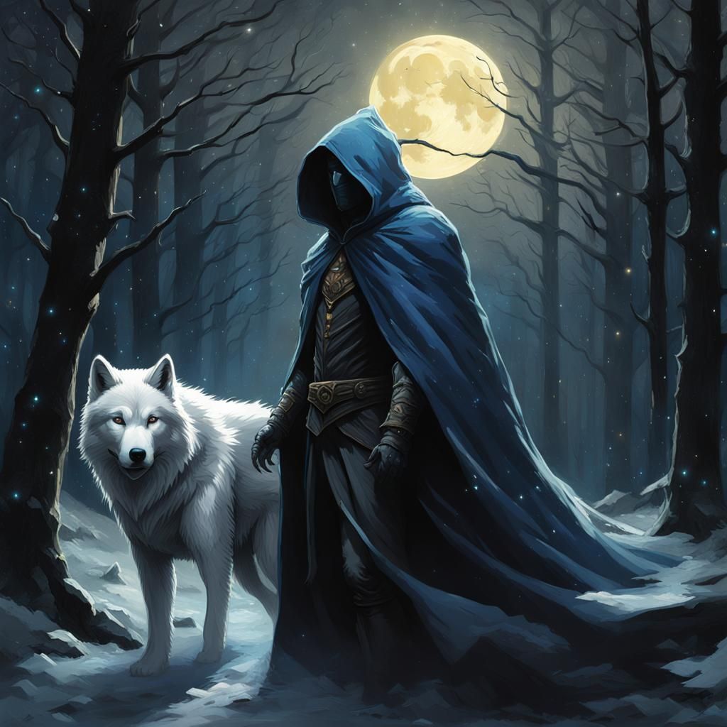 Mysterious Figure with Wolf in Dark Fantasy Style