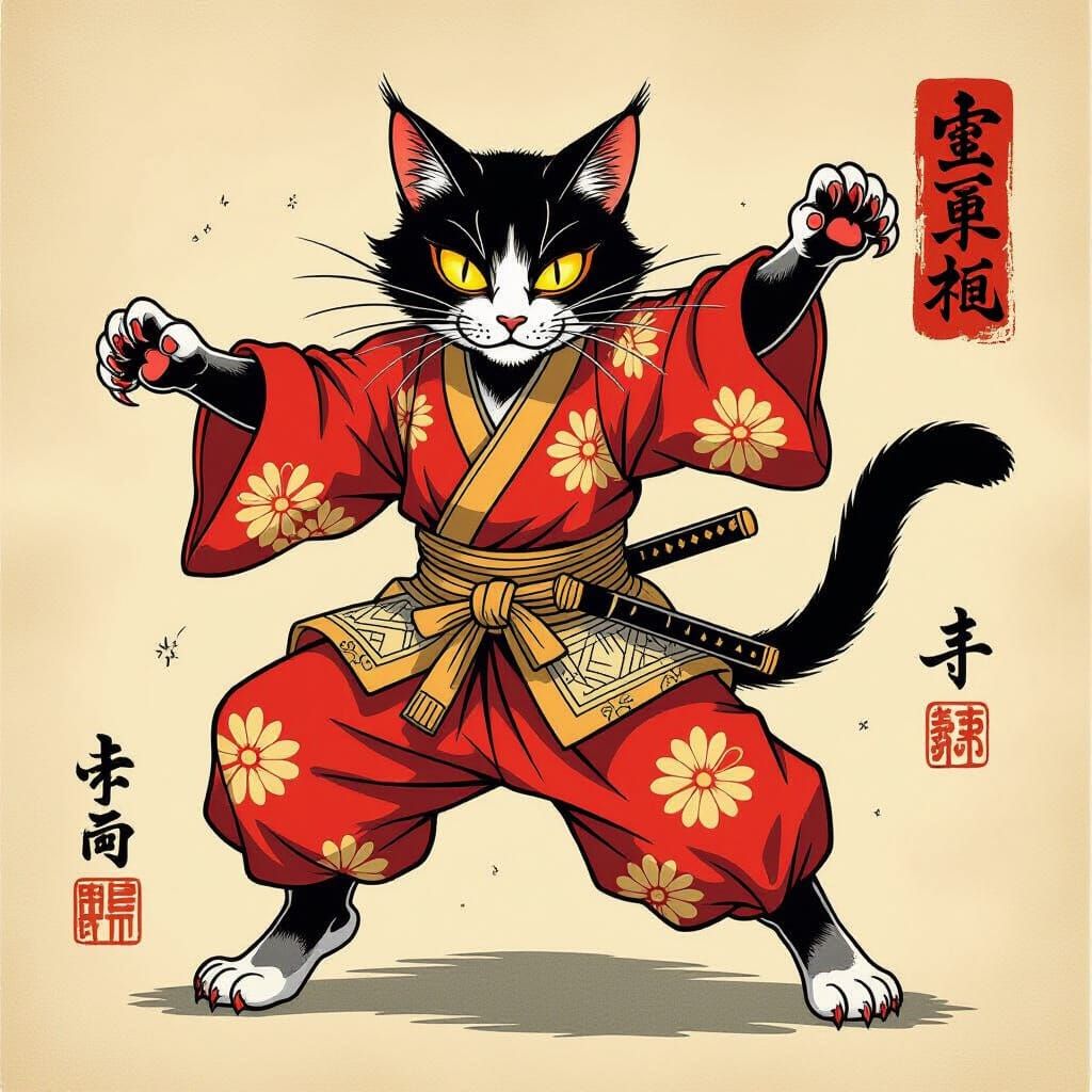 Japanese Bakeneko Tattoo Design in Ukiyo-e Style