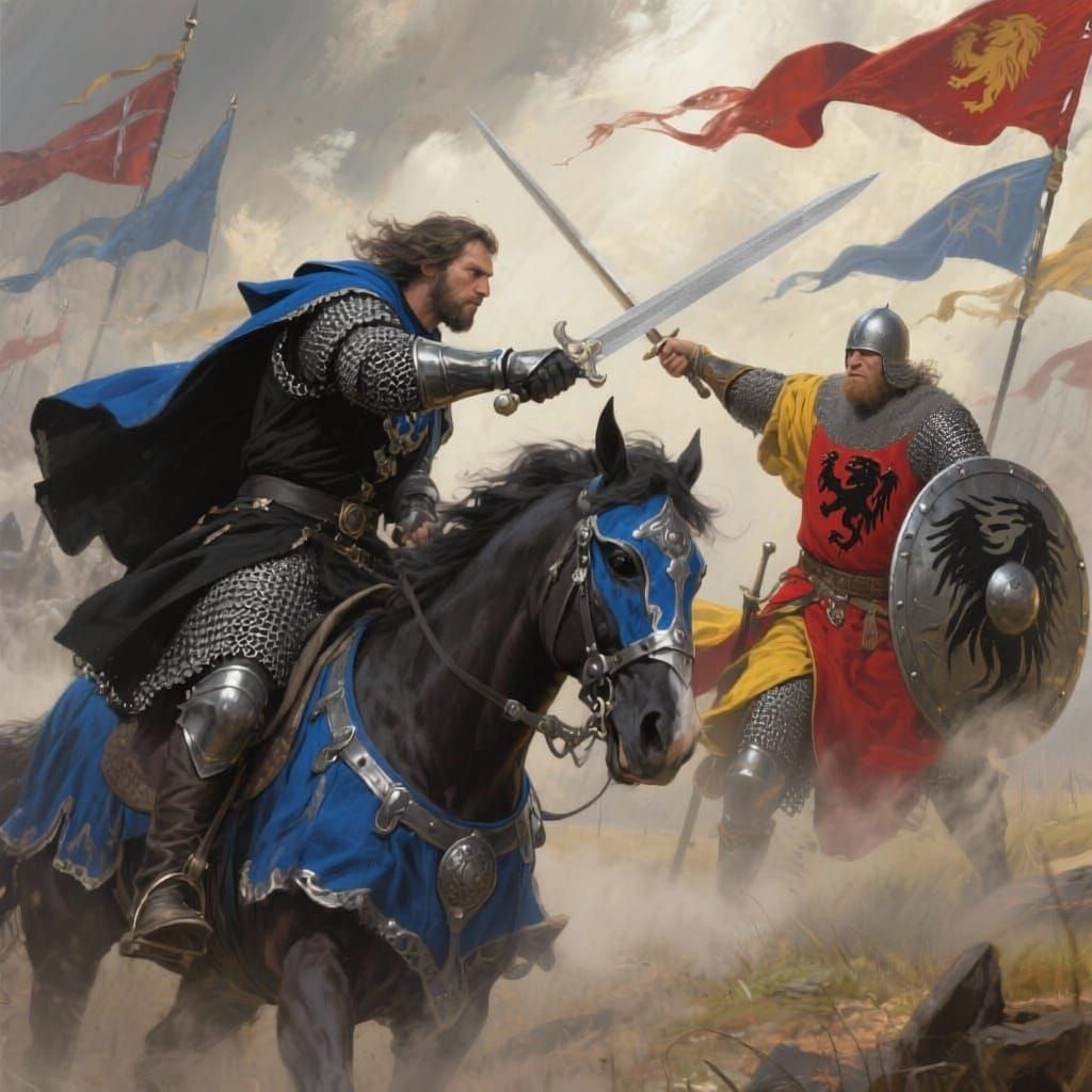 Warrior Charges on Horseback in Fantasy Battle Scene