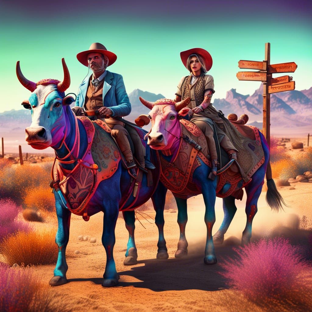 Neon Old West Couple in Mojave Desert