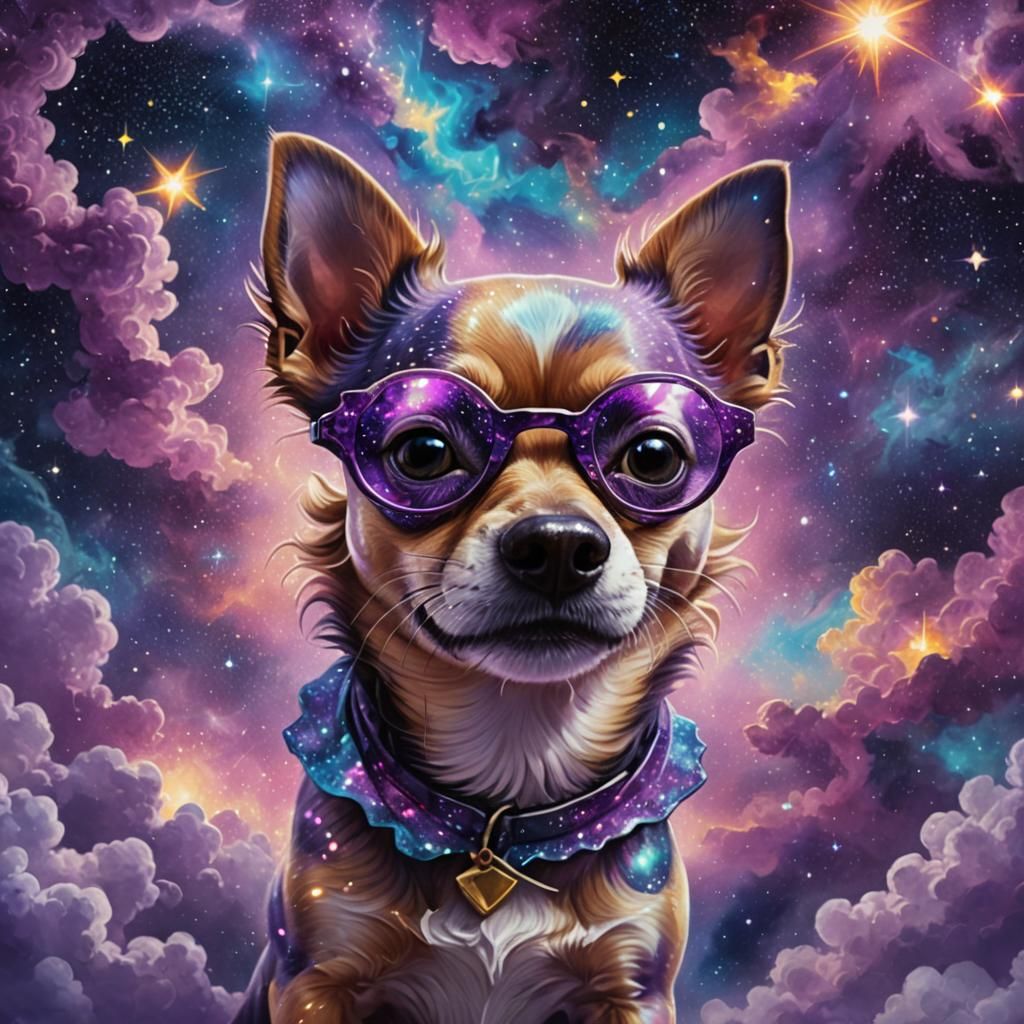 Cosmic Chihuahua Portrait in Surreal Mixed Media Style