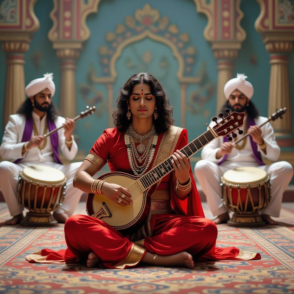Sitar Player on Stage, in Classical Indian Style