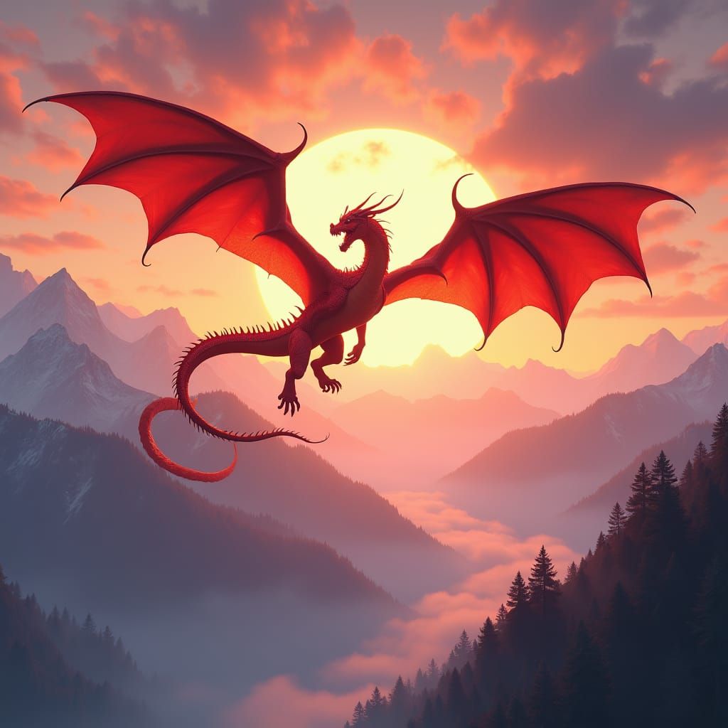 Red Dragon Soaring Above the Himalayas at Sunset