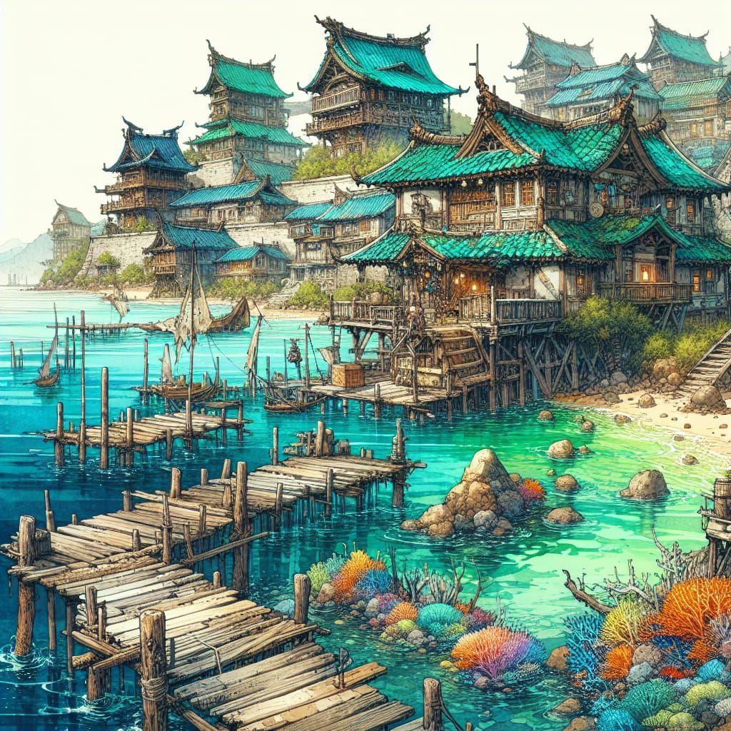 Idyllic Island Fishing Village in Anime Style